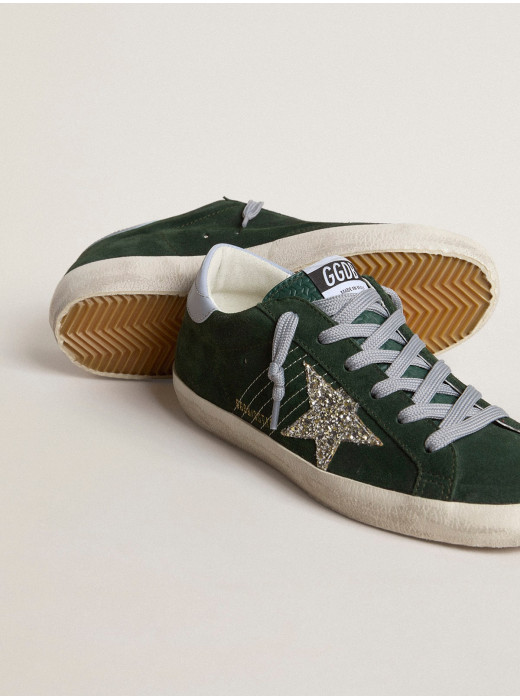 Super-Star in green suede, silver glitter star and leather heel tab