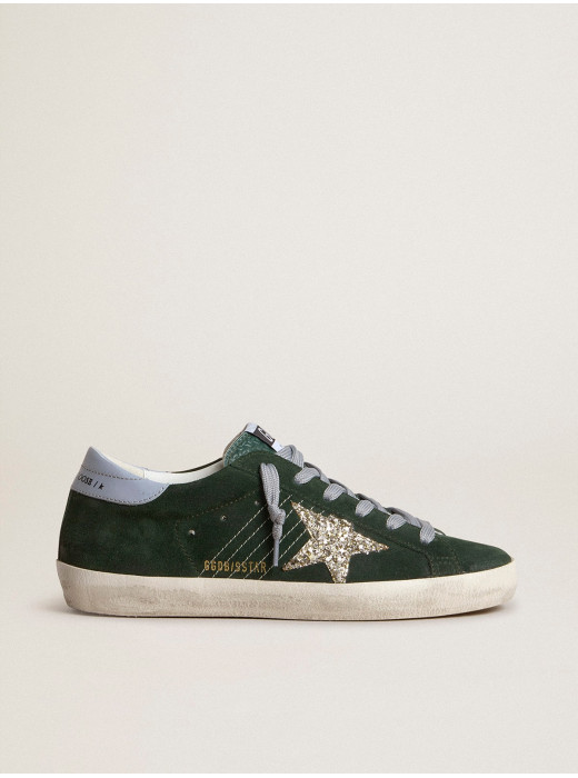 Super-Star in green suede, silver glitter star and leather heel tab