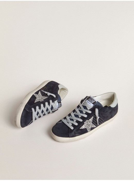 Women’s Super-Star in blue suede, silver glitter star and leather heel tab