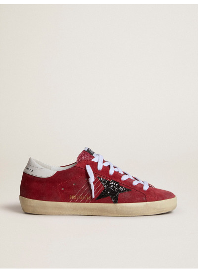 Women’s Super-Star in red suede with glitter star and white heel tab