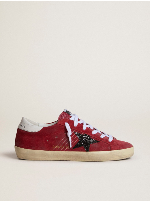 Women’s Super-Star in red suede with glitter star and white heel tab