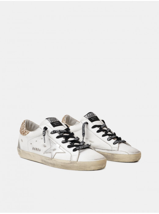 Women's white leather Super-Star sneakers with glittery heel tab