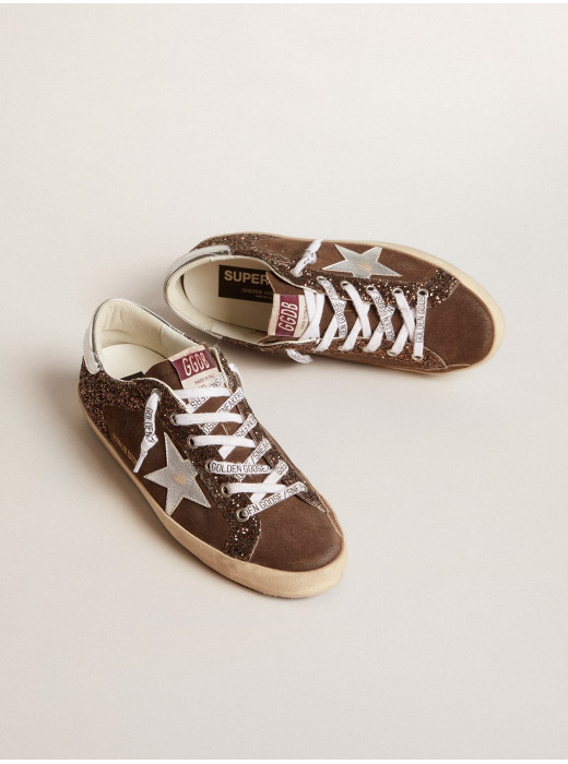 Women's Super-Star LTD in brown glitter and suede with leather star and heel tab