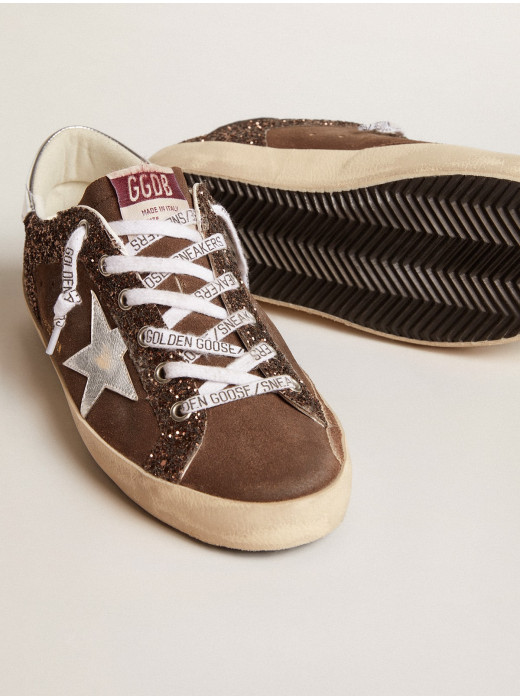 Women's Super-Star LTD in brown glitter and suede with leather star and heel tab