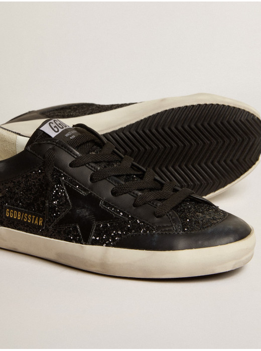 Women's Super-Star in black nappa and glitter with glossy black leather star