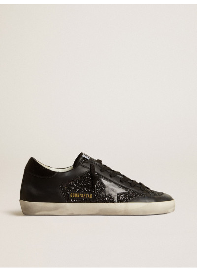 Women's Super-Star in black nappa and glitter with glossy black leather star