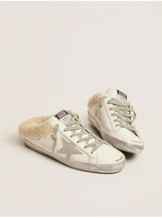 Super-Star Sabots in white leather with shearling lining