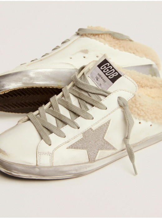 Super-Star Sabots in white leather with shearling lining