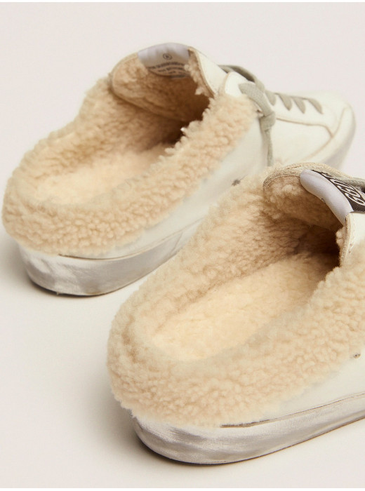 Super-Star Sabots in white leather with shearling lining