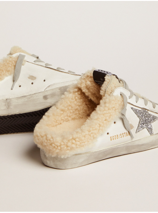 Women's Super-Star Sabot in white leather and shearling lining