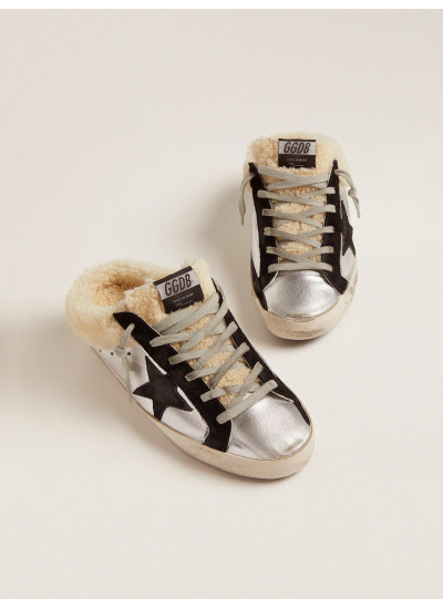 Women's Super-Star Sabot in silver laminated leather with black star