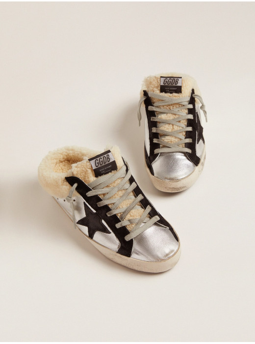 Women's Super-Star Sabot in silver laminated leather with black star