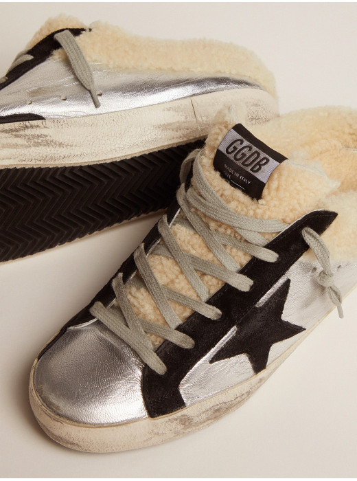 Women's Super-Star Sabot in silver laminated leather with black star