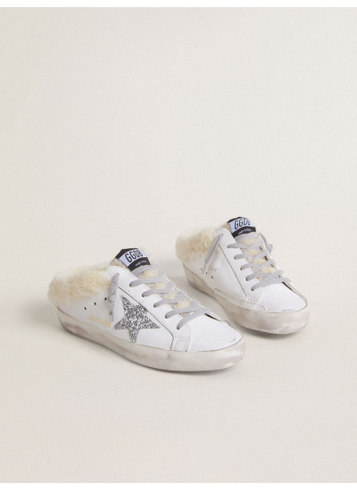 Super-Star Sabots in white leather with shearling lining and silver star