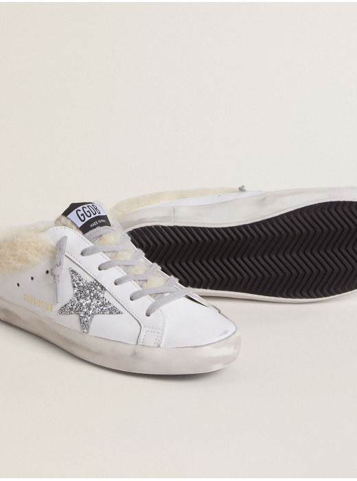 Super-Star Sabots in white leather with shearling lining and silver star