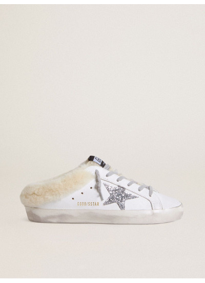 Super-Star Sabots in white leather with shearling lining and silver star