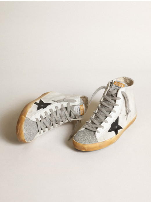 Women’s Francy in white suede with black leather star and silver Swarovski crystal tongue