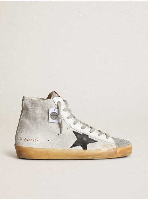 Women’s Francy in white suede with black leather star and silver Swarovski crystal tongue