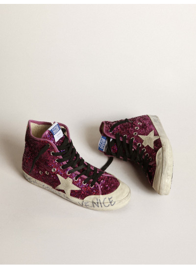 Francy sneakers with sequins and handwritten lettering on the outsole