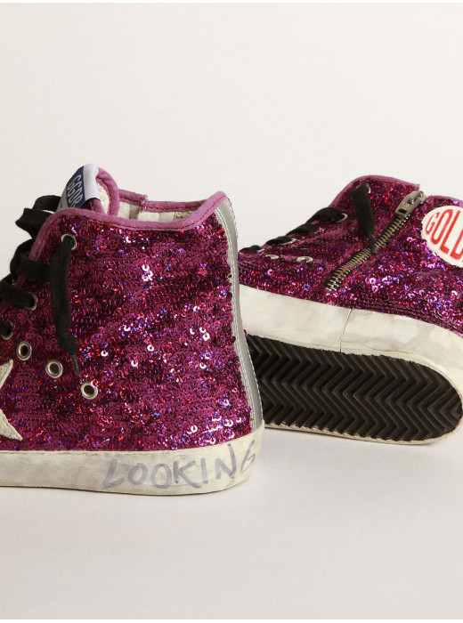 Francy sneakers with sequins and handwritten lettering on the outsole