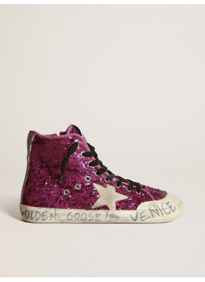 Francy sneakers with sequins and handwritten lettering on the outsole