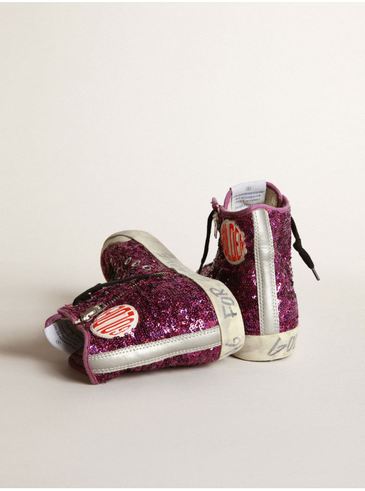 Francy sneakers with sequins and handwritten lettering on the outsole