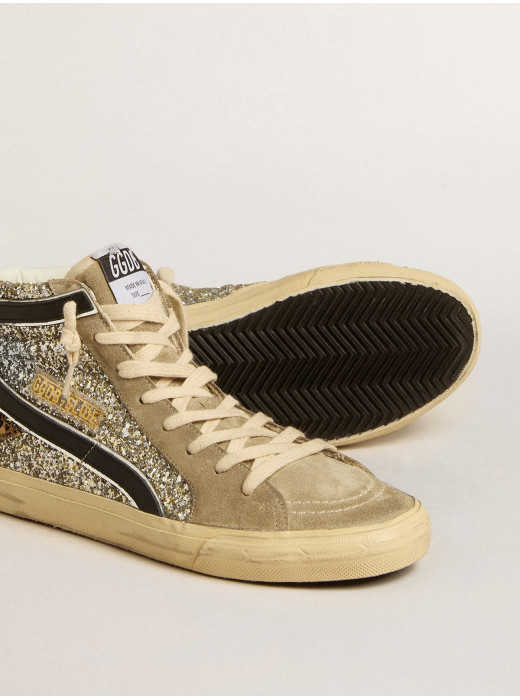 Slide in platinum glitter with leopard-print pony skin star and black flash