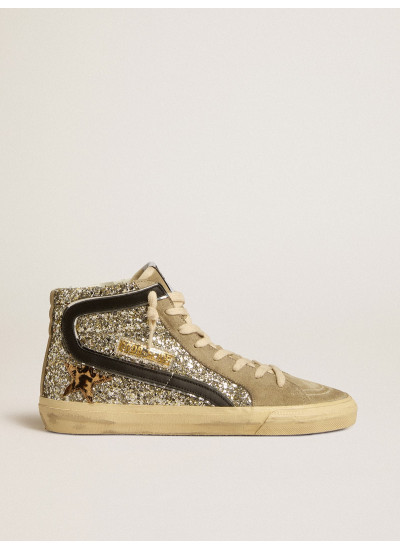 Slide in platinum glitter with leopard-print pony skin star and black flash