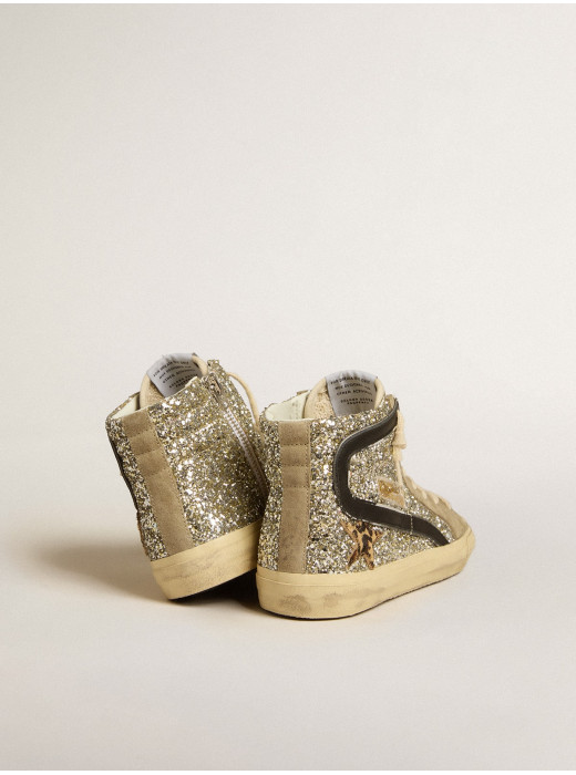 Slide in platinum glitter with leopard-print pony skin star and black flash