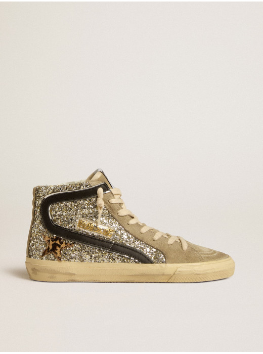 Slide in platinum glitter with leopard-print pony skin star and black flash