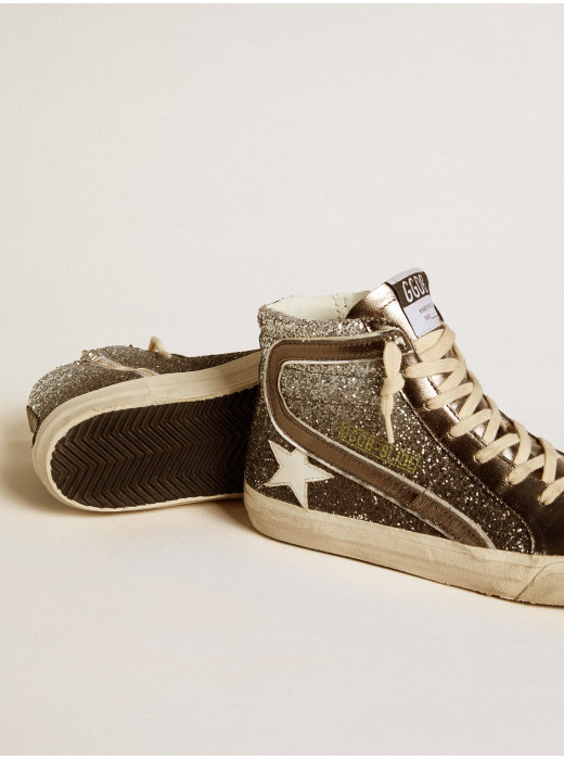 Women's Slide in black and silver glitter with leather star and metallic flash