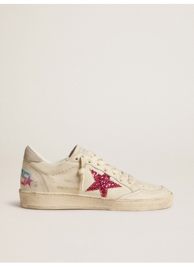 Ball Star LTD with fuchsia glitter star and light gray suede heel tab