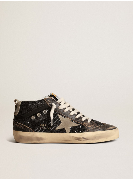 Women’s Mid Star in black glitter with dove-gray suede star and heel tab