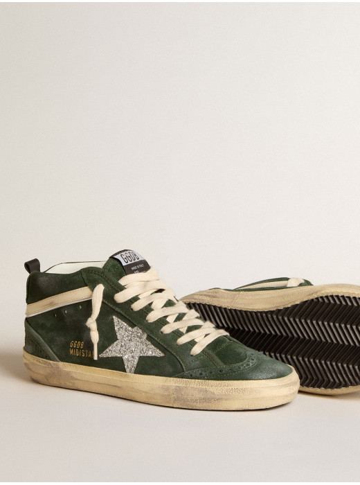 Mid Star in green suede with silver glitter star and leather flash