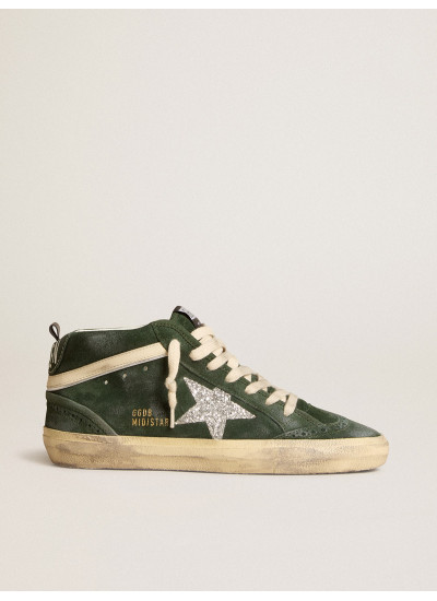 Mid Star in green suede with silver glitter star and leather flash