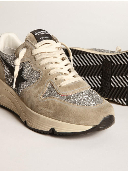 Women's Running Sole in silver glitter and dove gray suede