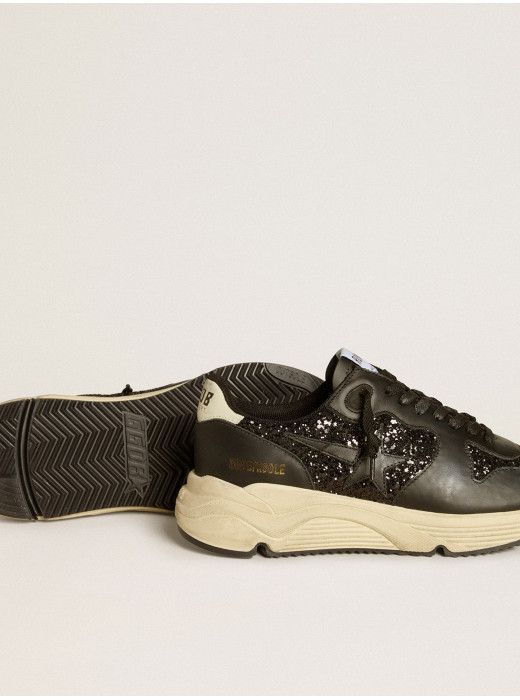 Women's Running Sole in black glitter with leather star and nubuck heel tab