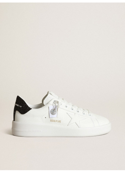 Purestar in white leather with tone-on-tone star and heel tab in black Swarovski crystals