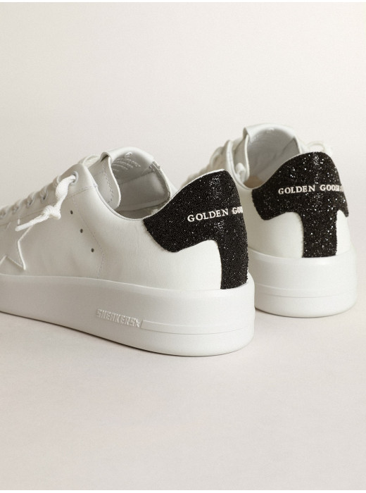 Purestar in white leather with tone-on-tone star and heel tab in black Swarovski crystals