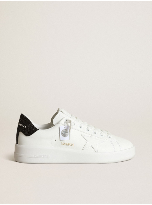 Purestar in white leather with tone-on-tone star and heel tab in black Swarovski crystals