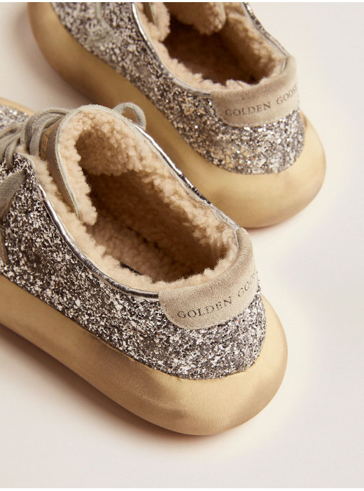 Women's Space-Star shoes in silver glitter with shearling lining