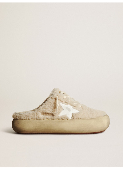 Women’s Space-Star Sabots in beige shearling with white leather star