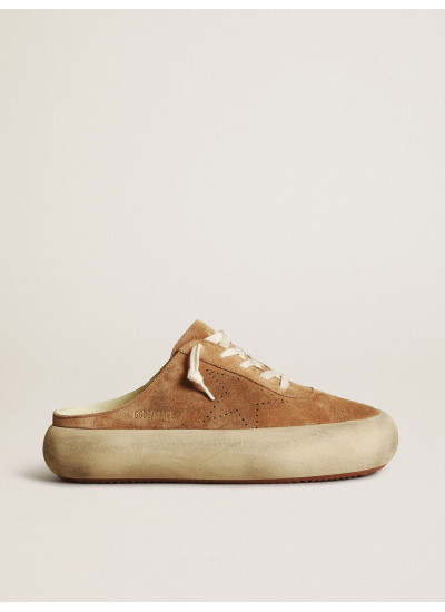 Women's Space-Star Sabot in tobacco-colored suede with perforated star