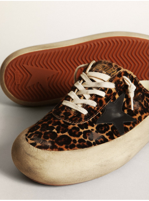 Women's Space-Star Sabot in leopard print pony skin with black star