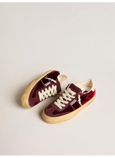 Soul Star in burgundy velvet with white leather heel tab