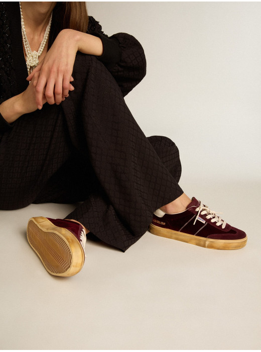 Soul Star in burgundy velvet with white leather heel tab