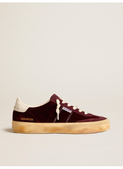 Soul Star in burgundy velvet with white leather heel tab