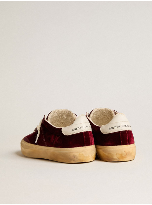 Soul Star in burgundy velvet with white leather heel tab