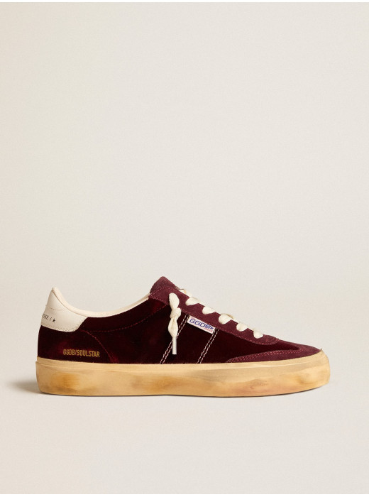 Soul Star in burgundy velvet with white leather heel tab