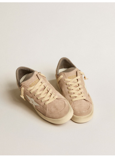 Stardan in old rose suede with white leather star and heel tab